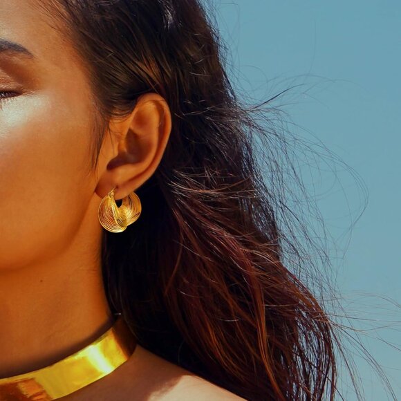 Gold Plated Brass Hoop Earrings for Women Chunky Statement Jewelry - Picture 2 of 7